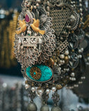 Silver filigree peacock brooch with turquoise, 18k gold birds, pearls