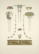 Art nouveau style gold jewelry hairpins and fine jewelry set with floral peacock and dragonfly enamel accents