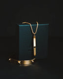 Gold bar pendant necklace with delicate chain in 18k gold displayed against dark textured box from Everett jewelry store.