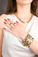 Stunning 18k gold chain-link necklace with unique gold rectangular clasp and clear stones