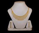 Gold jewelry 18k gold necklace with delicate diamond mesh design and matching earrings on white mannequin for fine jewelry investment