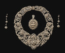 An ornate cream-colored diamond and pearl necklace with intricate filigree design showcasing fine gold jewelry craftsmanship
