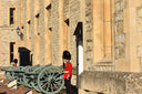 A british royal guard in red tunic and bearskin hat stands beside historic cannons in royal jewels legacy article.