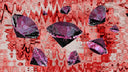 Faceted purple gemstones with reflective surfaces float against a red and black background in legendary trials article on art gold jewelry