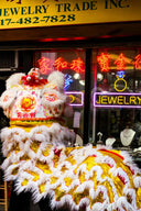 A vibrant gold and white lion dance costume with intricate embroidery and fur trim featured by an everett jewelry store