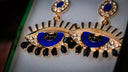 Stunning 18k gold evil eye earrings with blue enamel, crystals
