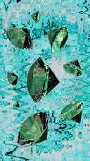 Faceted green gemstones floating against turquoise ripples complement art gold jewelry in gemstone legend history.