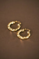 a pair of gold hoop earrings on a brown surface