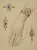 Elegant jewelry displayed on a hand and background.