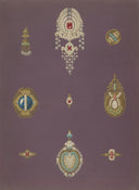 Collection of ornate antique jewelry designs displayed on purple background