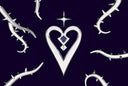 A stylized heart symbol with thorny vines around it