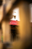 Cartier storefront seen through blurred wooden branches