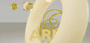 Abstract golden shapes and text on a light gray background