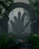 A massive stone hand sculpture emerges from misty ruins framed by an archway in precious myths article on 18k gold jewelry