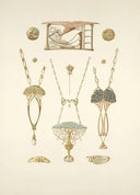 Art nouveau-style gold jewelry set with intricate floral bird and abstract enamel designs in fine jewelry history context