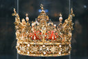A lavishly adorned golden crown with intricate filigree embedded with pearls and colorful gemstones in 18k gold fine jewelry