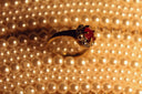 A dark gold ring with a red gemstone and ornate crown design showcasing fine gold jewelry artistry.