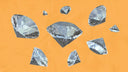 Faceted silver-gray diamond illustrations scattered on an orange background highlighting famous diamonds in jewelry history