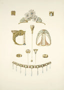 Art nouveau fine jewelry set in gold and silver with floral, leafy, and geometric designs featuring gemstones.