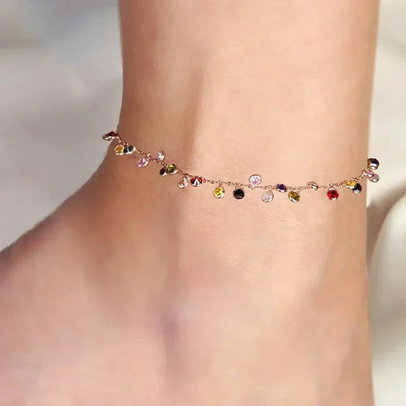 Elegance 18k gold anklet with colorful gemstone charms