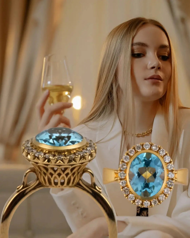 Stunning oval blue gem gold ring in hhhh collection heart under $500