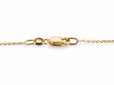The lobster claw clasp closed on its oval ring, with the 585 gold mark struck on the flat link beside the clasp