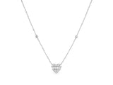 The same diamond heart necklace shown wider in the frame, the chain forming a V with a bezel-set diamond on each side and the heart at the lower point.