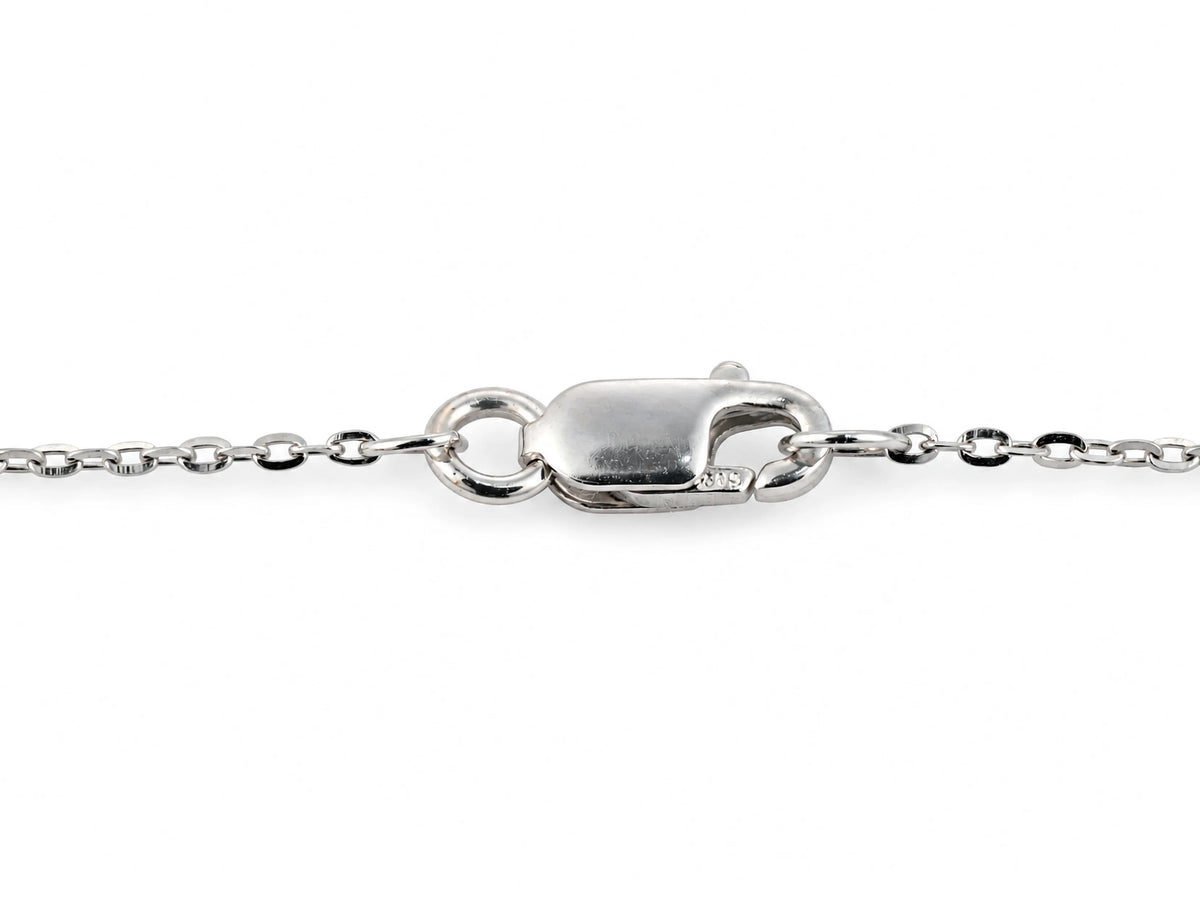 Close view of the lobster claw clasp with its trigger, hooked into the chain's oval end link