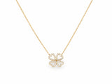14K yellow gold clover necklace laid out with the four leaf pendant at the centre, each leaf an open heart outline lined with small lab grown diamonds