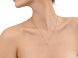 The clover necklace worn close at the base of the neck, the jaw at the top of the frame