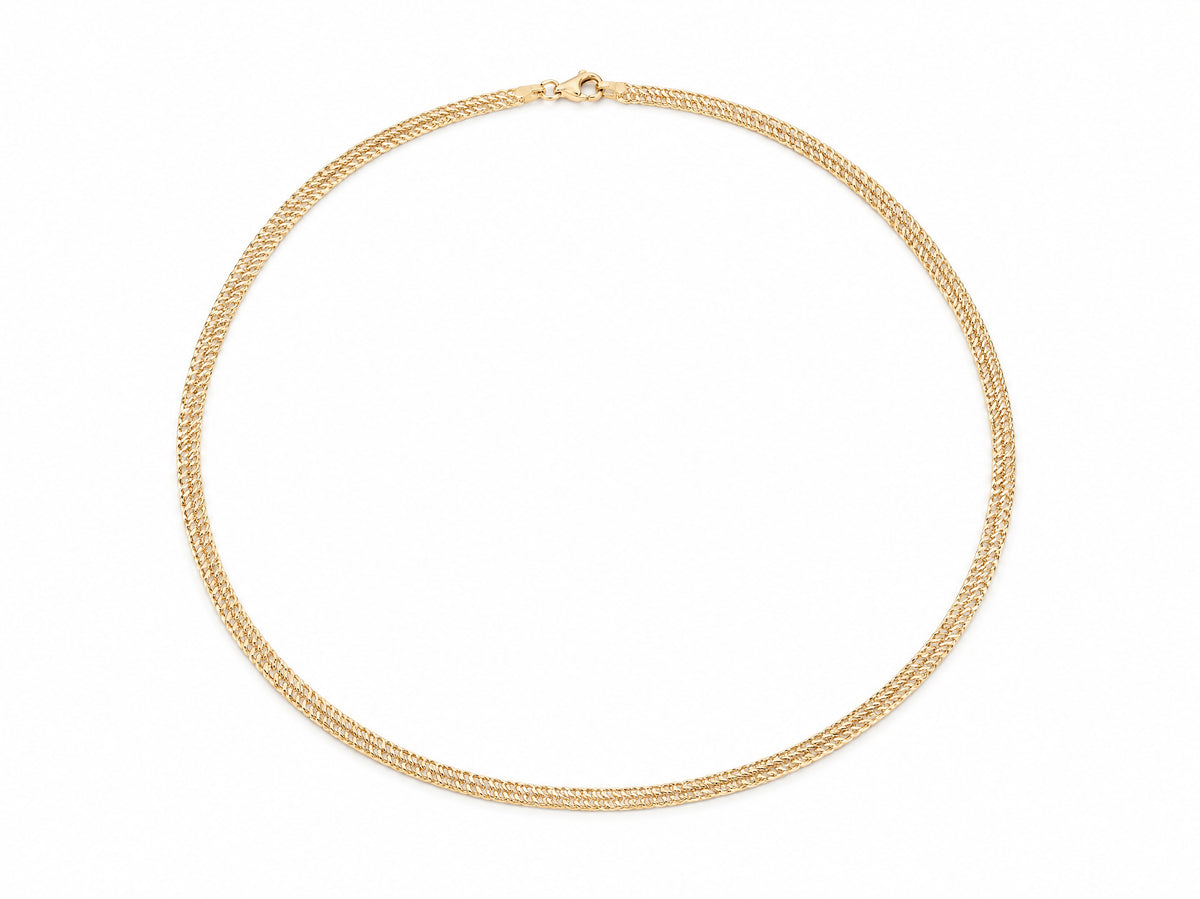 Woven gold chain necklace shown full length