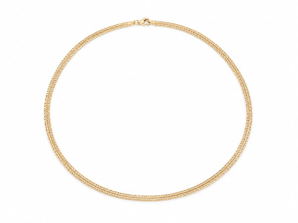 Woven gold chain necklace shown full length