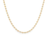 14K gold piastrine chain laid in a U shape on white, openwork plate links with diamond-cut starburst centres