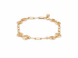 Gold heart link bracelet laid flat, alternating open heart and elongated links