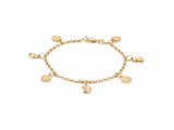 Gold charm bracelet shown full length with four sun charms and three crescent moon charms