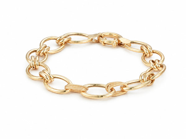 Gold bracelet shown full length with large oval links, double connector rings and two textured connectors
