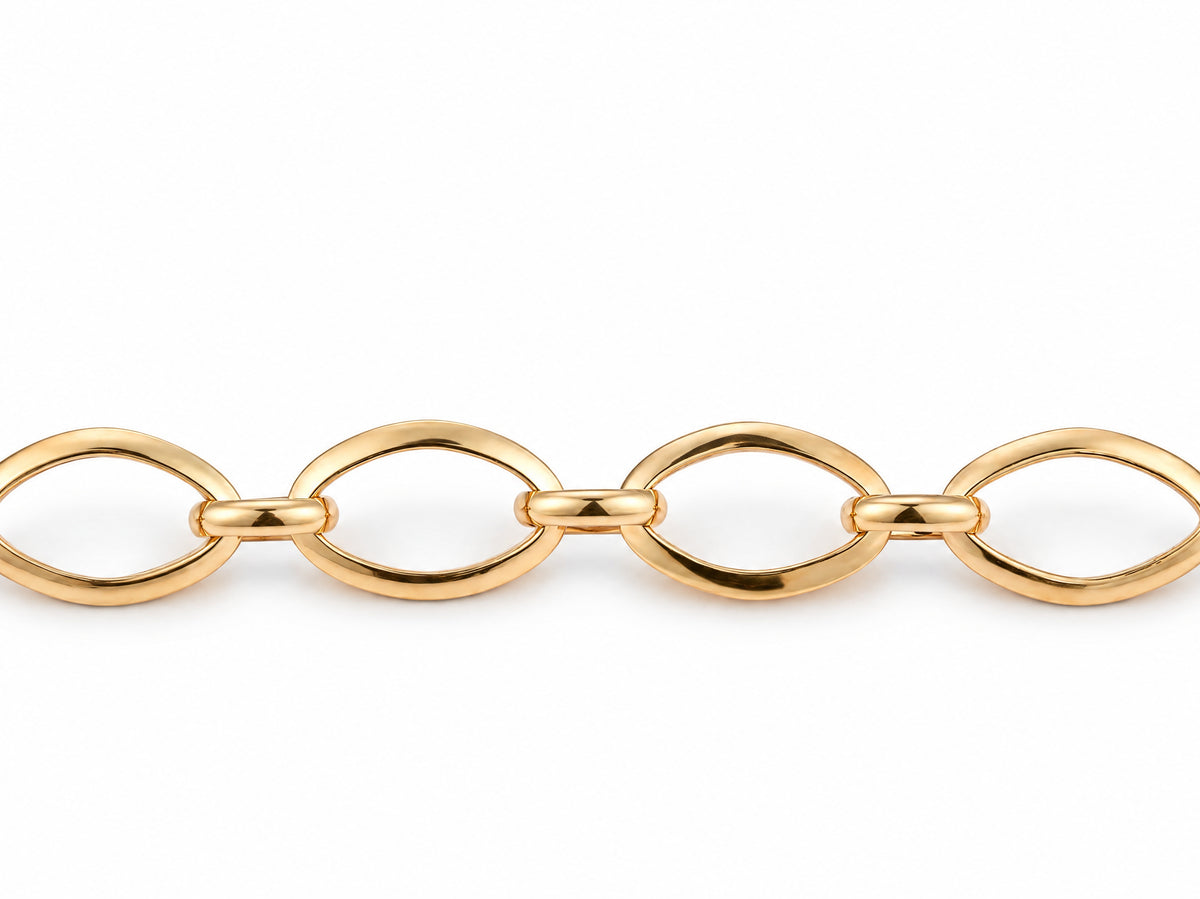 Low front view of the gold bracelet's large oval links and connector links