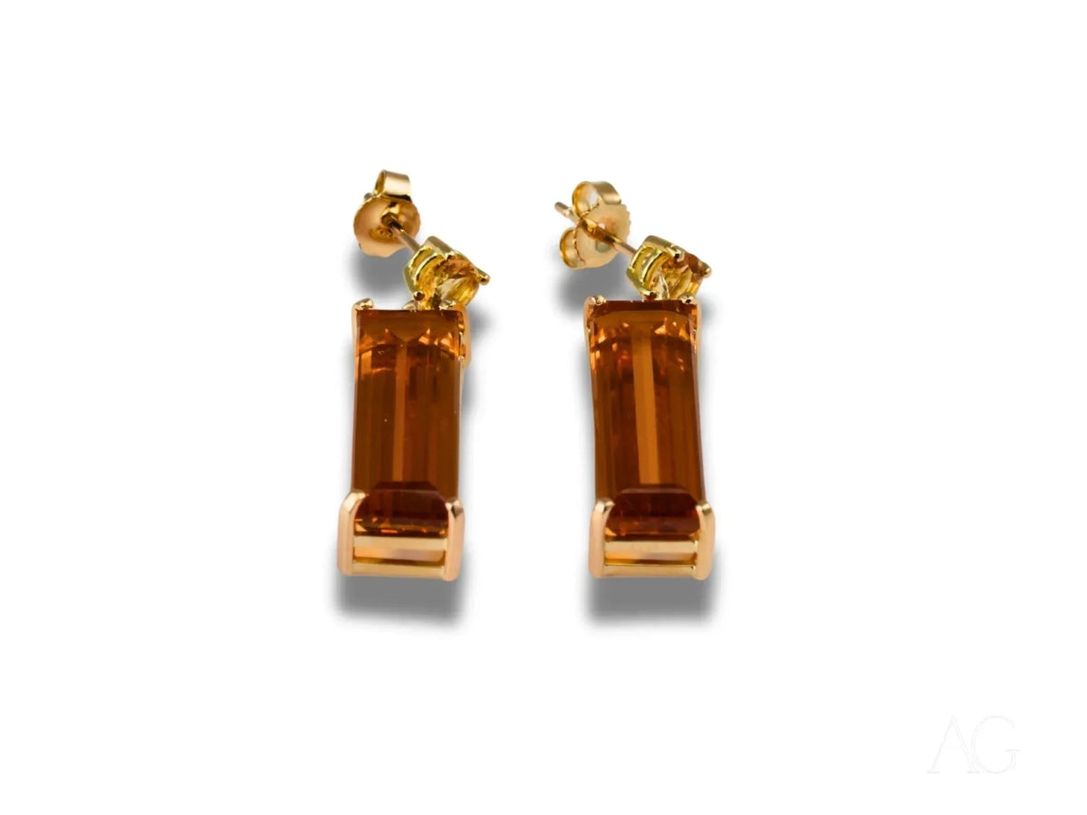 18k yellow gold citrine earrings with rectangular brown gemstones