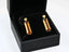 18k yellow gold Citrine Earrings with rectangular brown gemstones and yellow studs in jewelry box