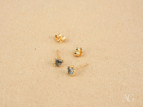 Certified 18k solid gold stud earrings with light blue gemstones, Celestial Spark