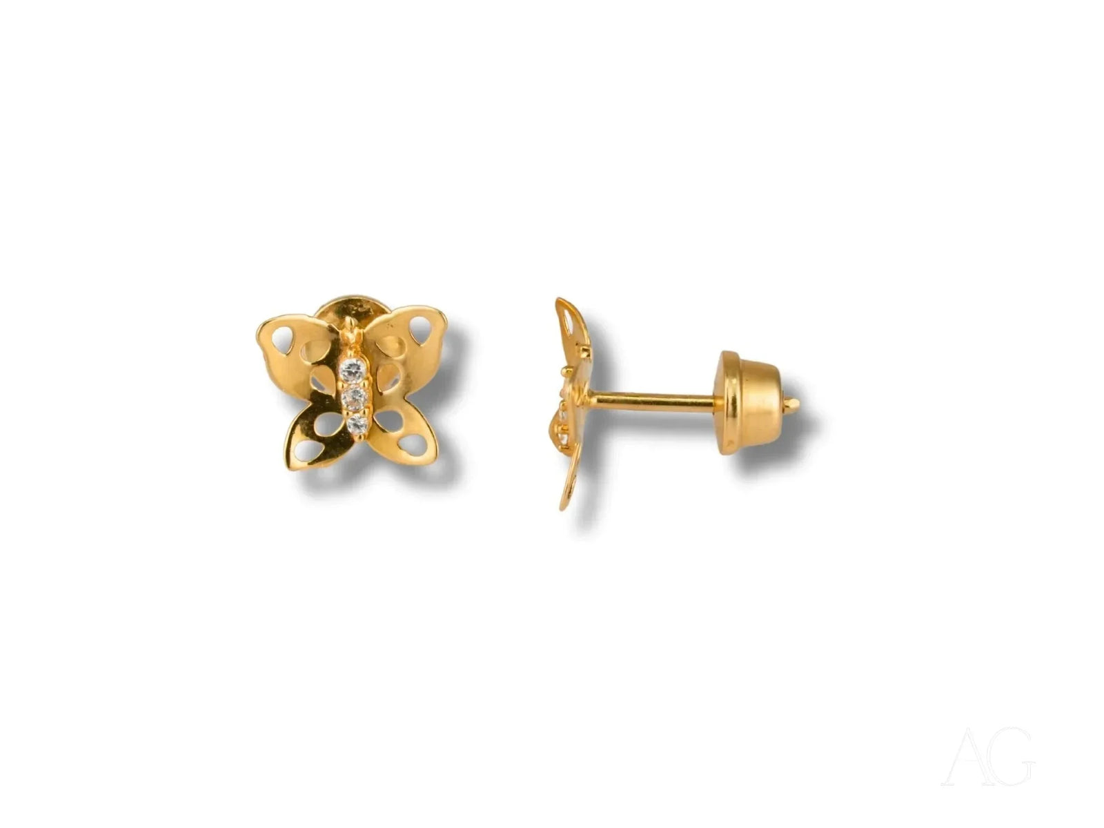 Pair of 18K gold butterfly stud earrings with CZ accents showing front and reverse post backing