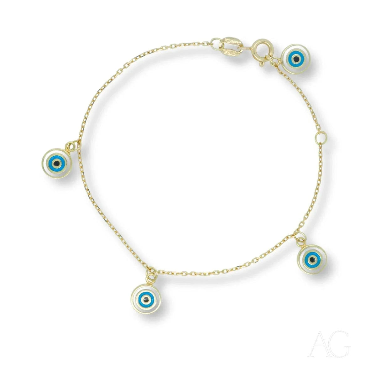 18k gold evil eye bracelet for kids with five dangling blue and white enamel charms, flat lay on white background