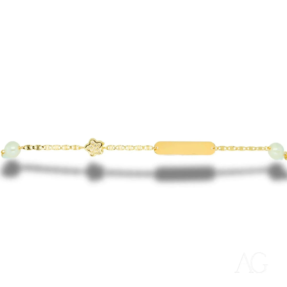 18k gold ID bracelet with delicate chain, CZ bar, flower charm, green beads
