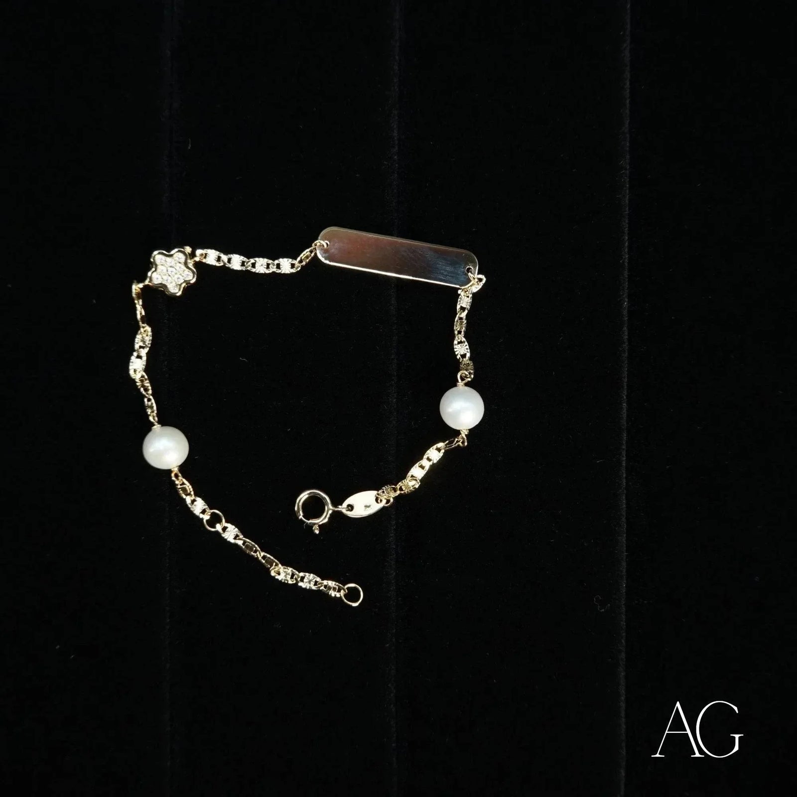 18k gold ID bracelet with engravable bar, pearls, star charm, CZ