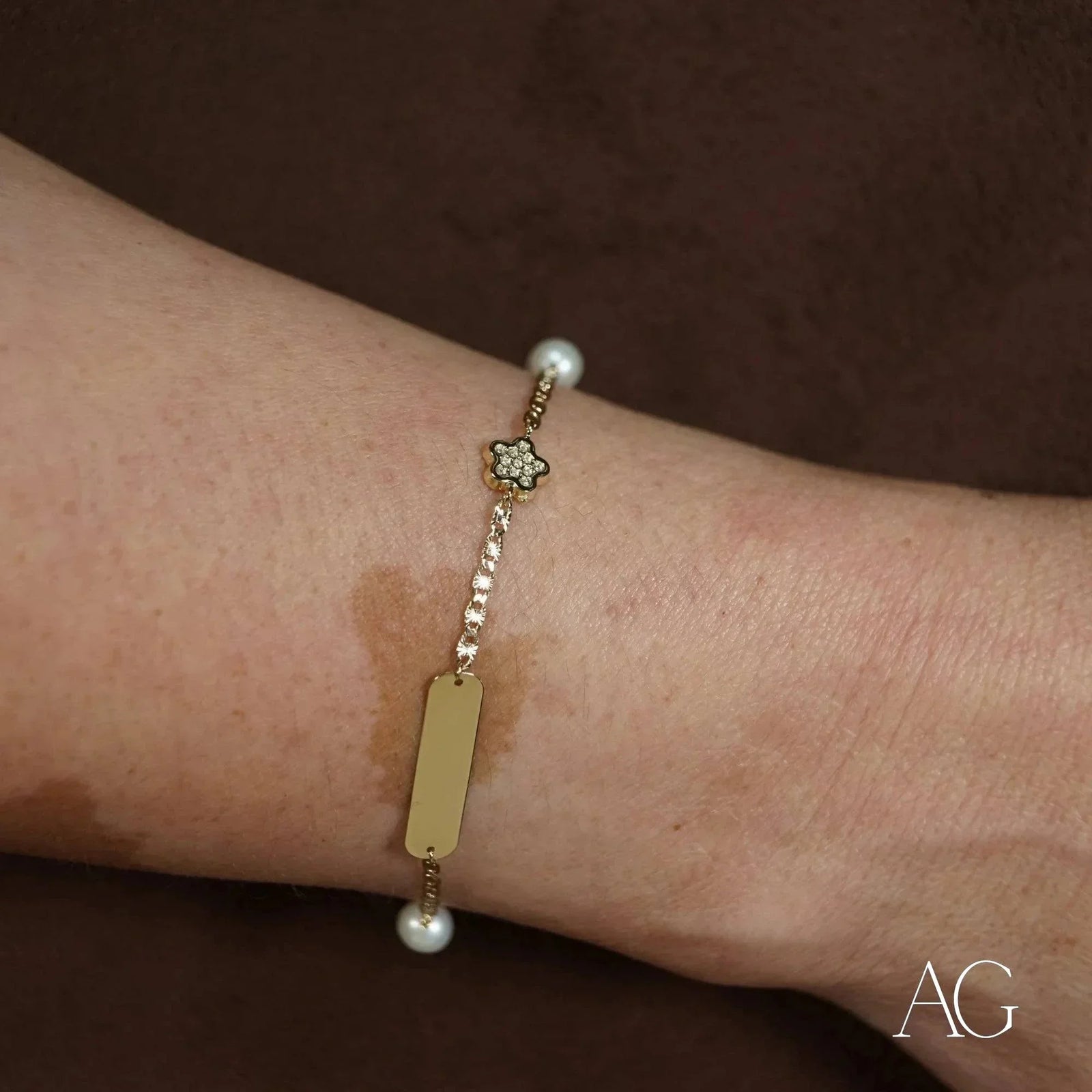 18k Gold ID Bracelet with Pearls and Flower Charm