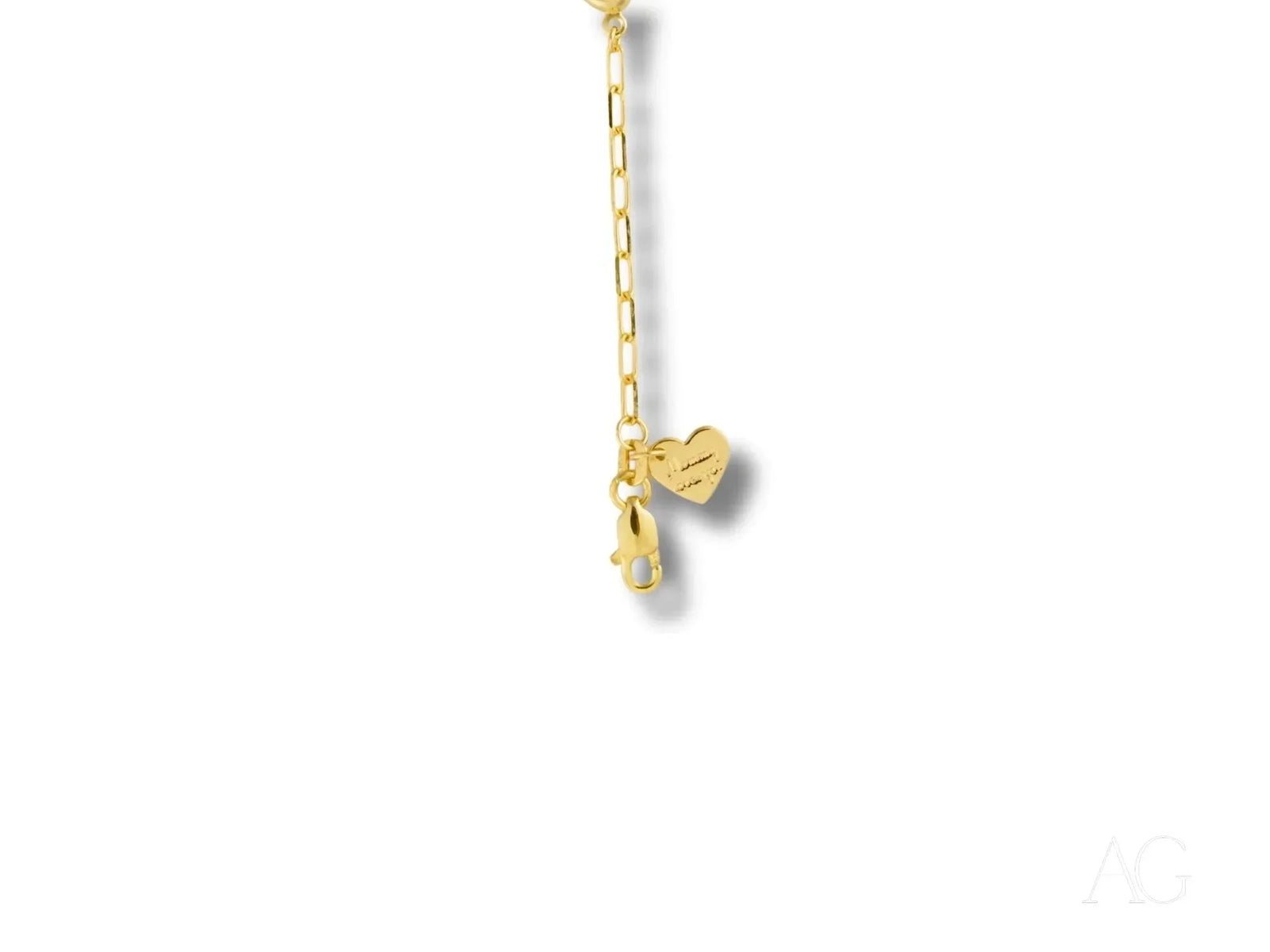 Solid 18k gold kids bracelet with customizable ID plate, heart motifs, hamsa and paperclip chain anklet