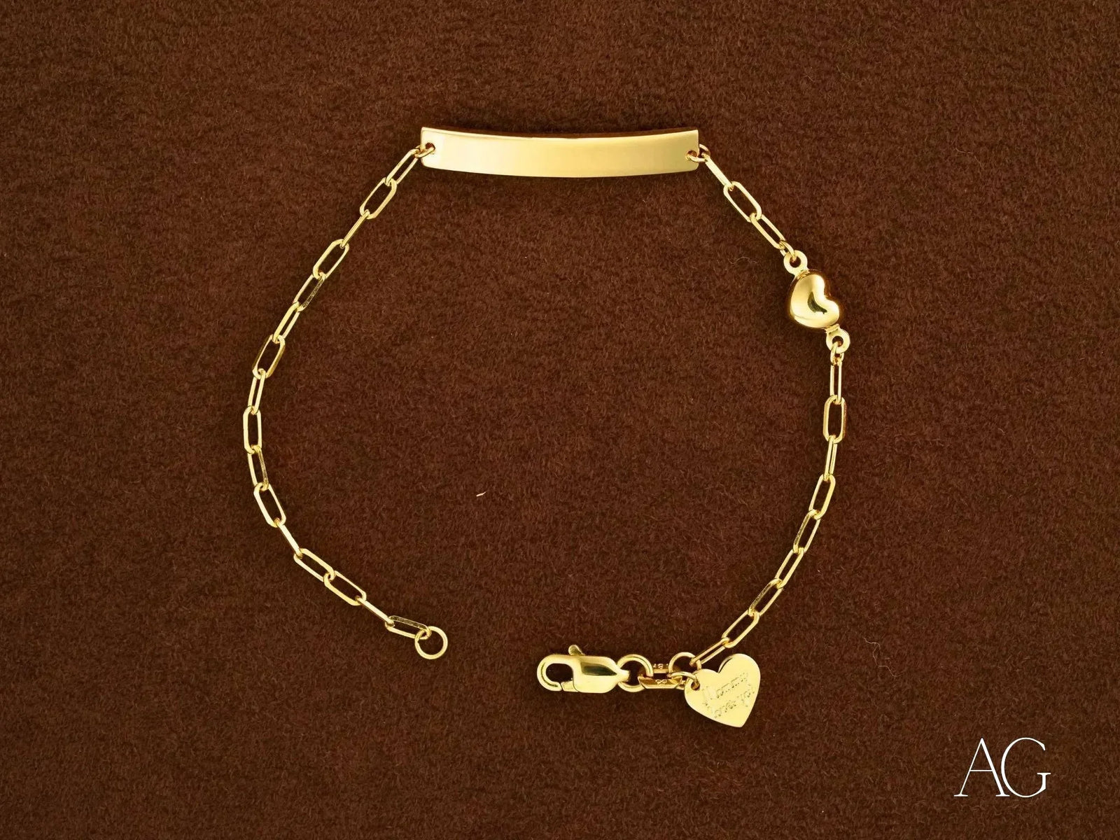 Solid 18k gold kids bracelet with customizable ID plate and heart charm