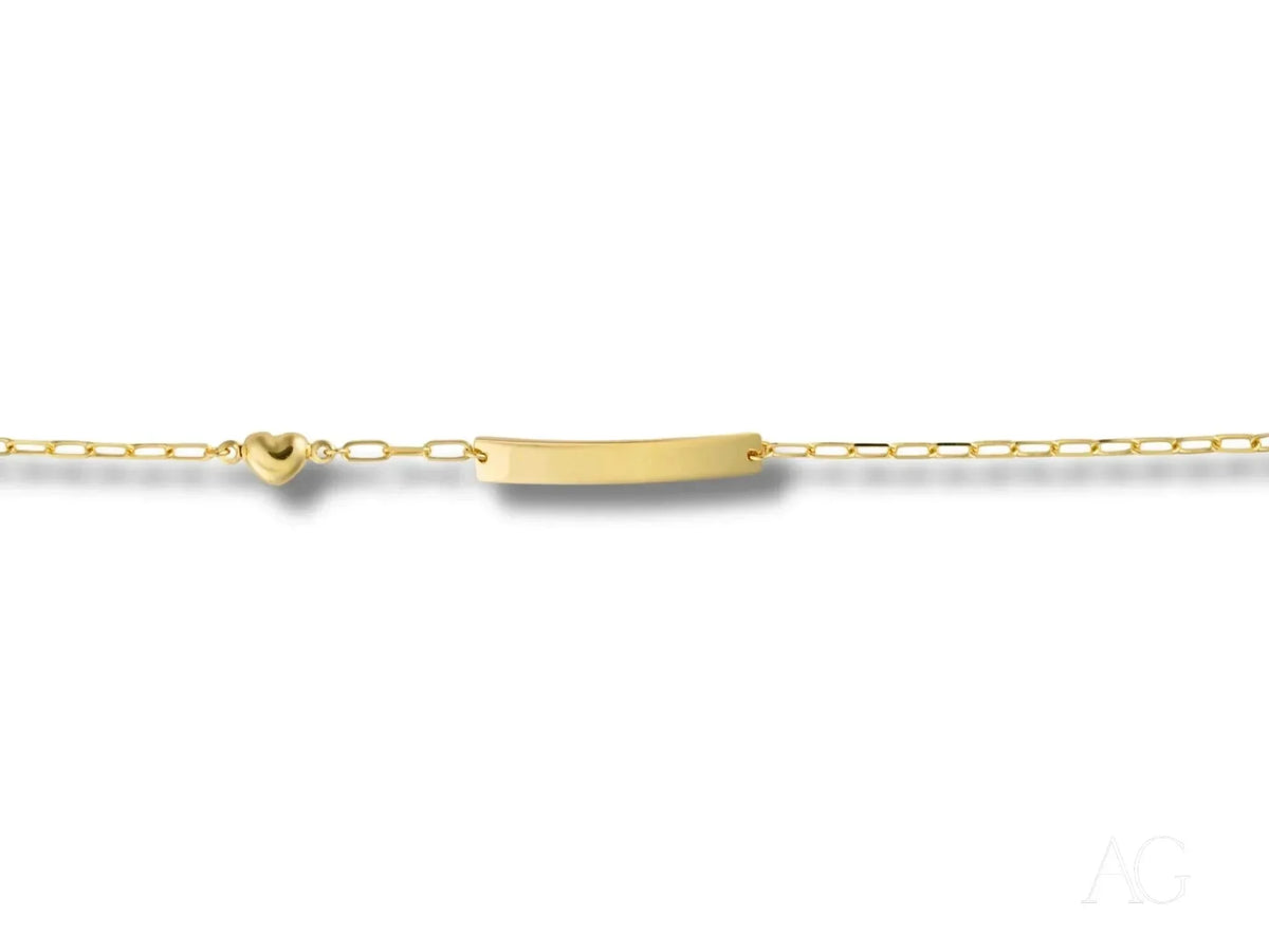 Solid 18k gold kids bracelet with customizable ID plate and heart charm
