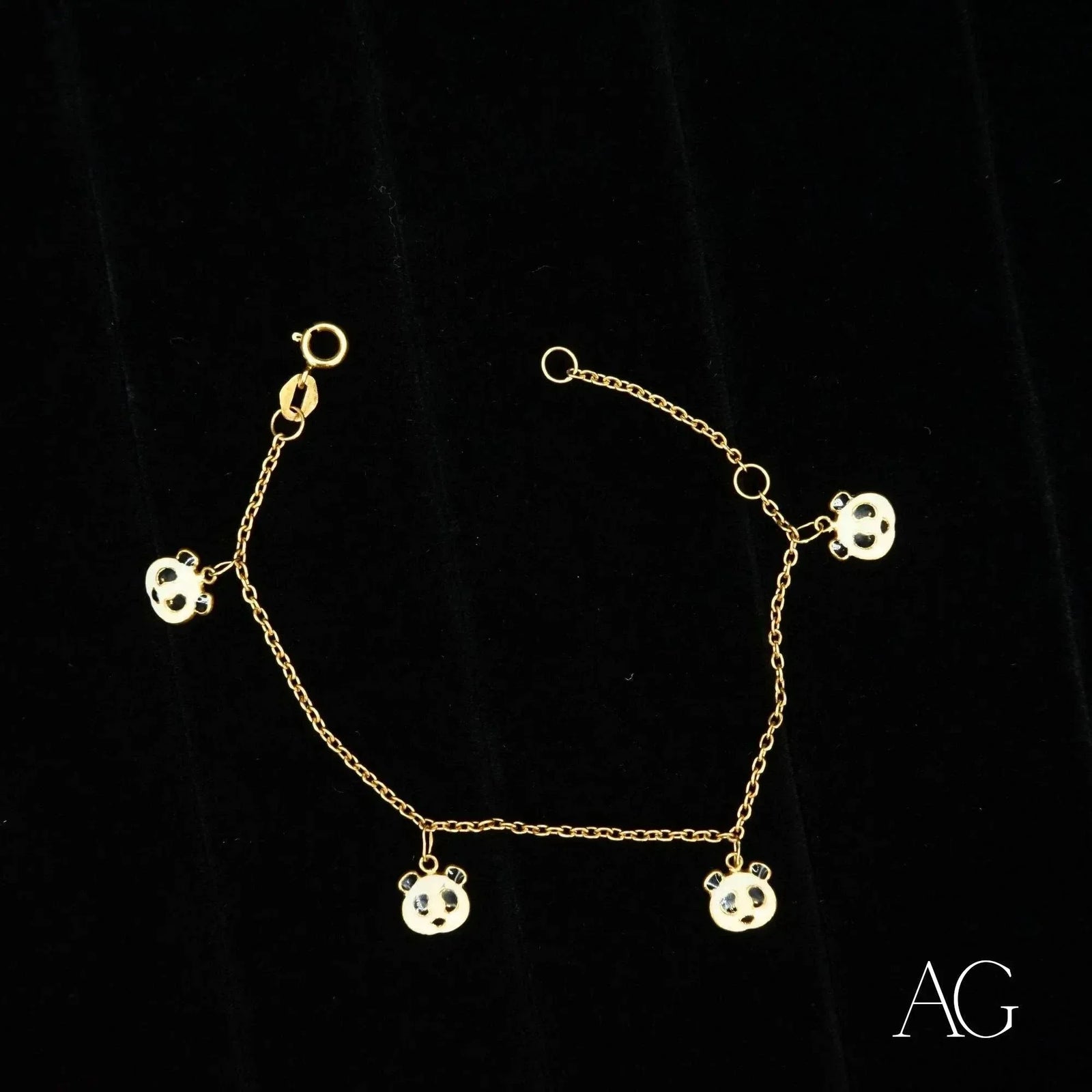 18k gold panda bracelet with five panda motif charms