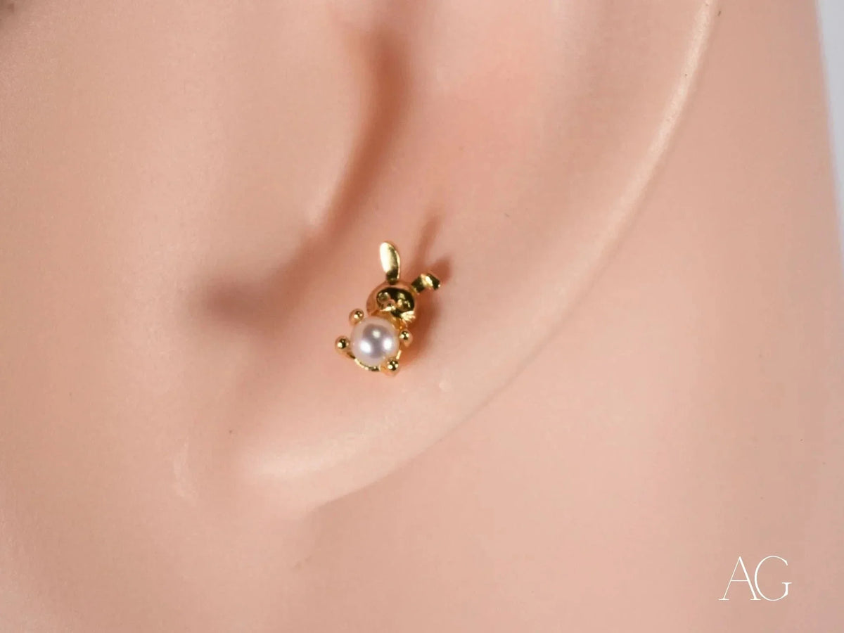 18k gold pearl bunny stud earring with pearl belly